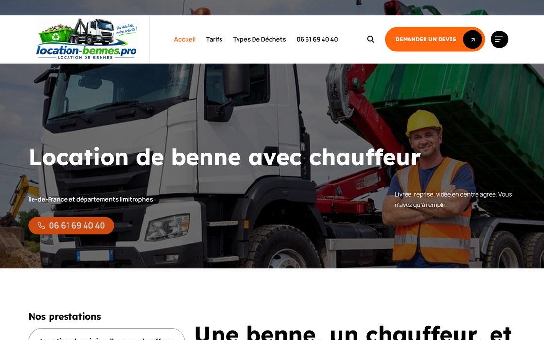 Page d'accueil du site Location-bennes.pro